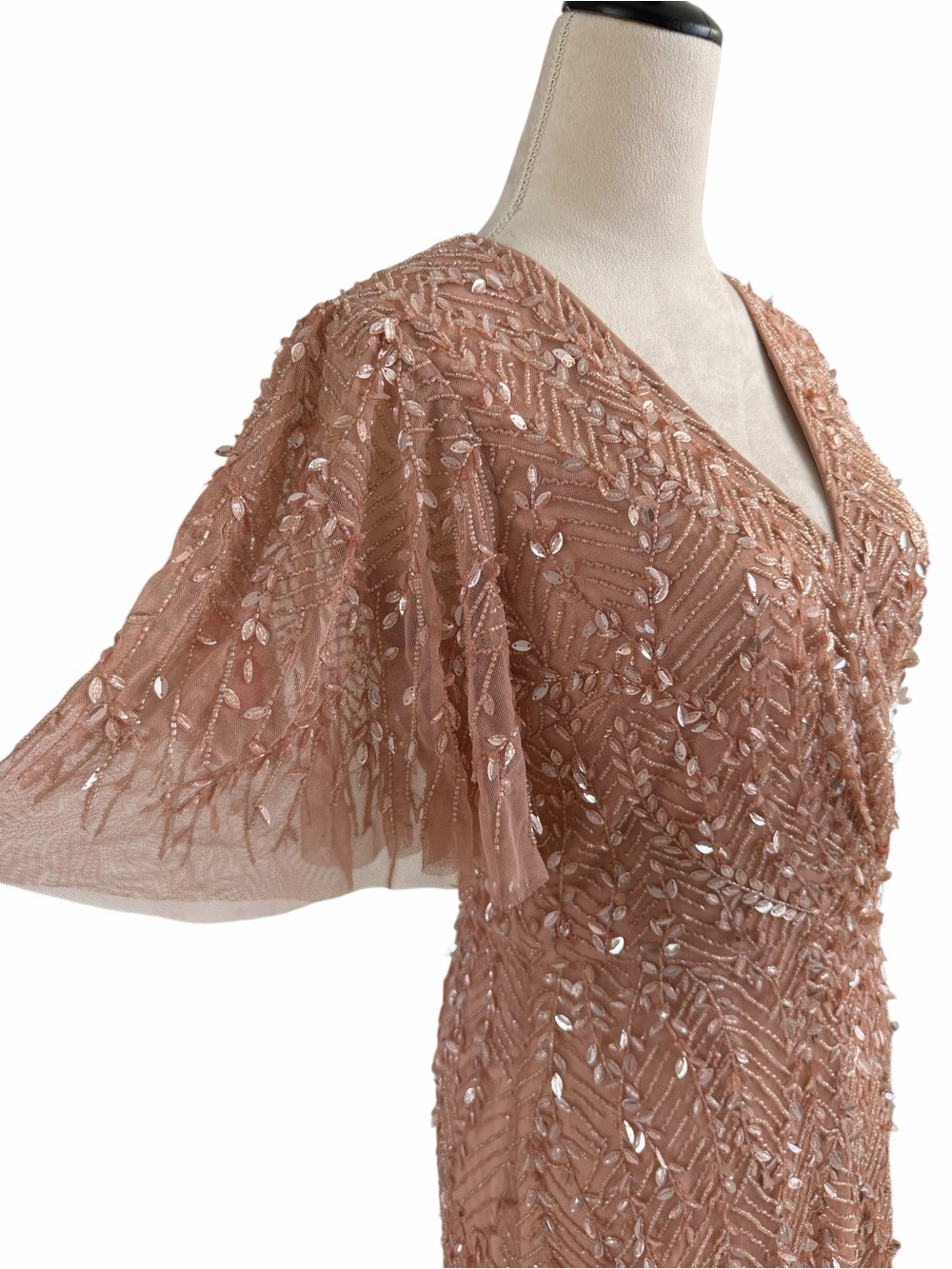 Mac Duggal Embellished Flutter Sleeve Blush Pink Beaded Maxi Gown - Picture 7 of 9